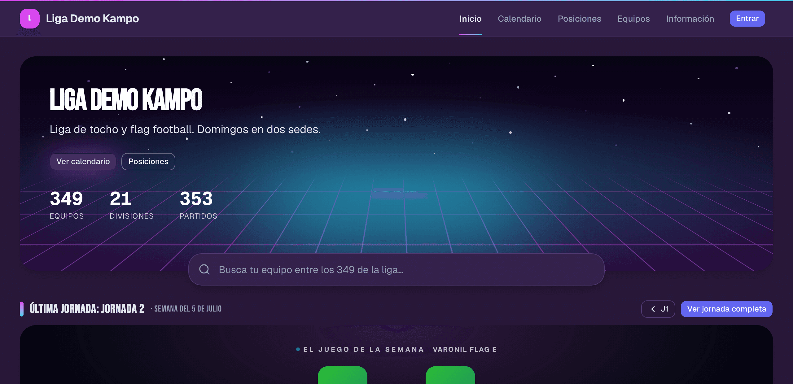 La misma liga con portada neón, tema oscuro y tipografía de impacto