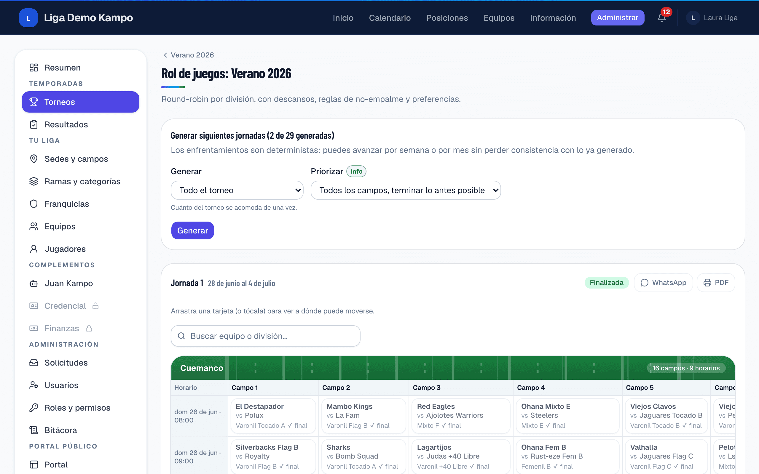 Tablero de calendario con partidos por sede, campo y horario